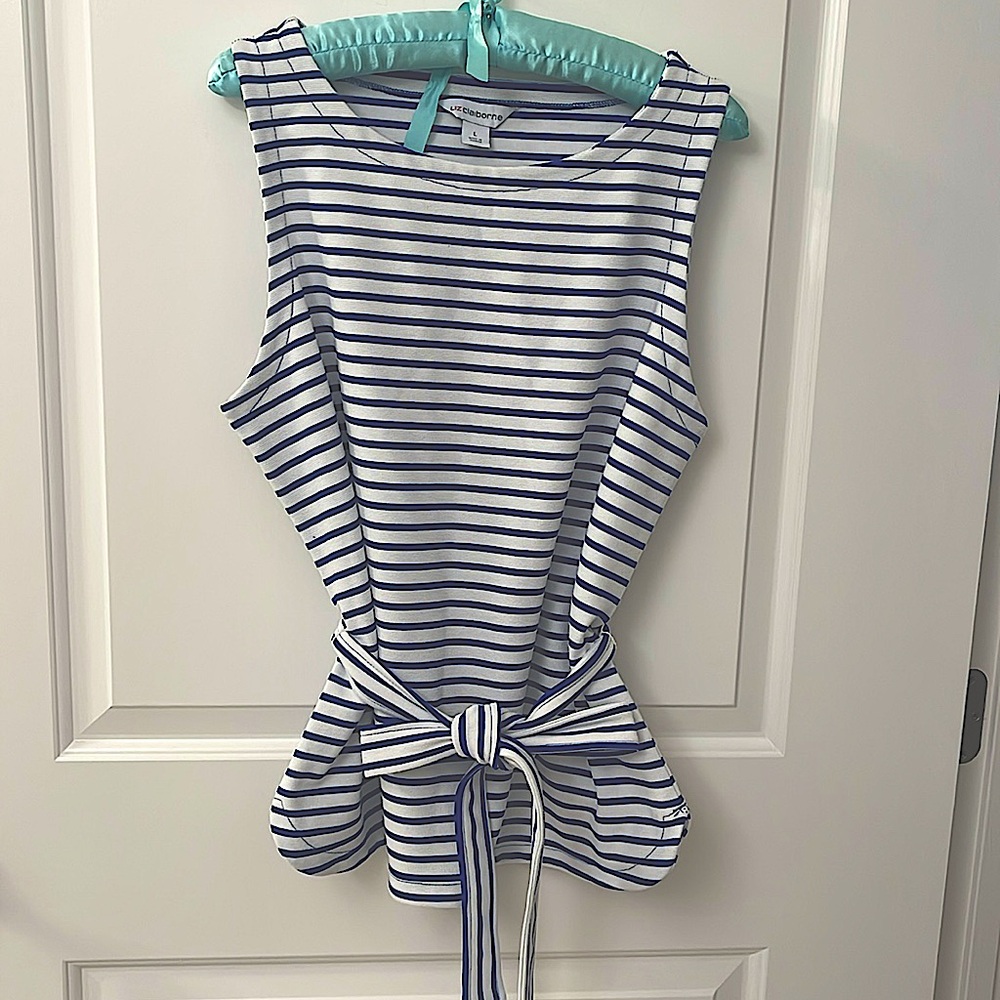 LOFT Blue and White Tie Front Peplum Tank Top